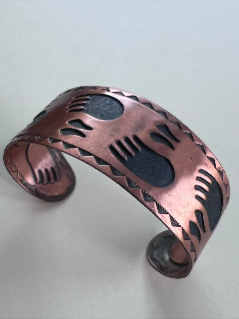 Solid Copper Bracelet Vintsge Bell signed animal paw print deer elk bear rare